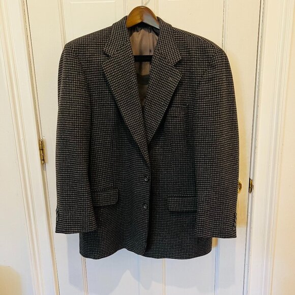 VINTAGE Tweed Jacket L Gray Black Houndstooth Check Cashmere Blazer 42 R - Picture 1 of 7